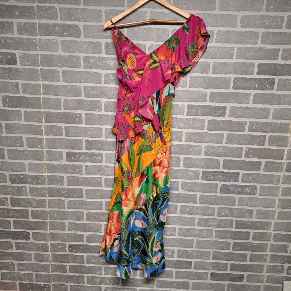 Farm Rio Ruffled Floral Print Satin Crepe De Chine Midi Dress Size Small - Picture 5 of 16